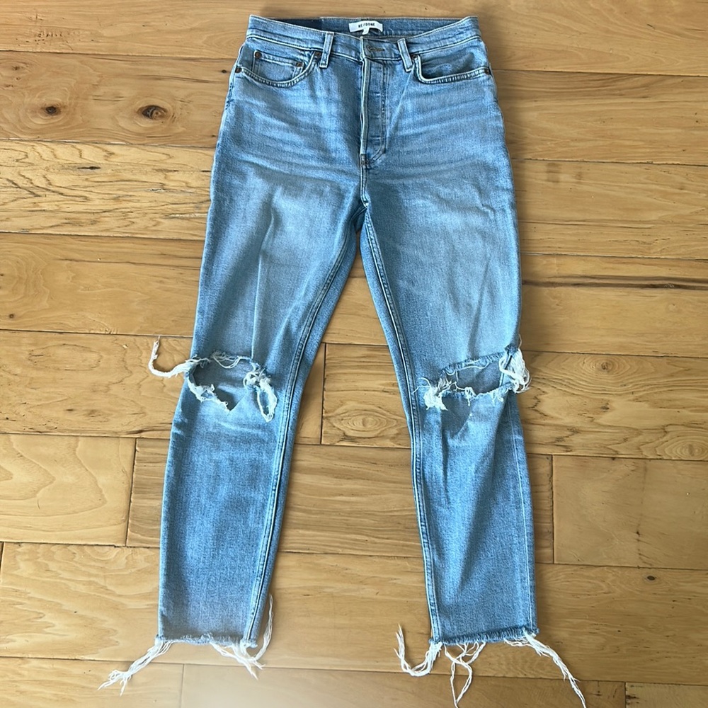 Re/done Comfort Stretch High Rise Ankle Crop - Light Dusk Destroyed Sz:28